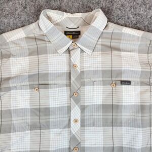 Eddie Bauer Travel Shirt Men TXL Gray Plaid Short Sleeve Outdoor Hiking Gorpcore